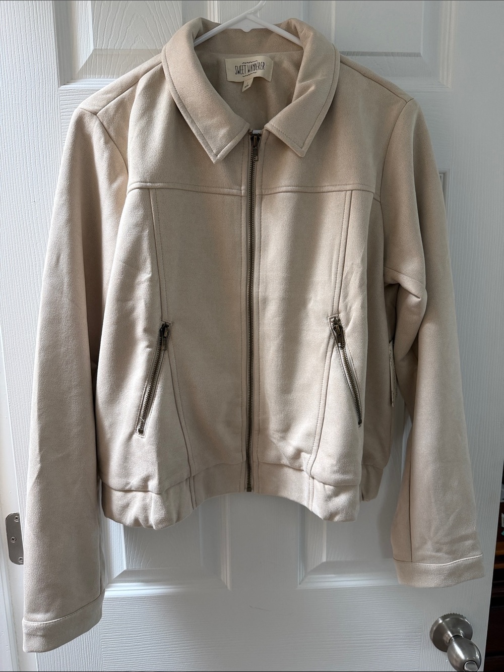 Sweet Wanderer Neutral Cream Zip-Up Faux Suede Jacket Large